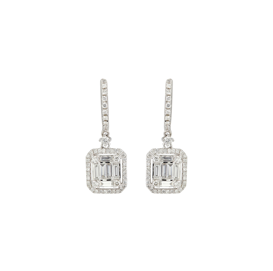 Sabel Collection White Gold Baguette and Round Diamond Drop Earrings